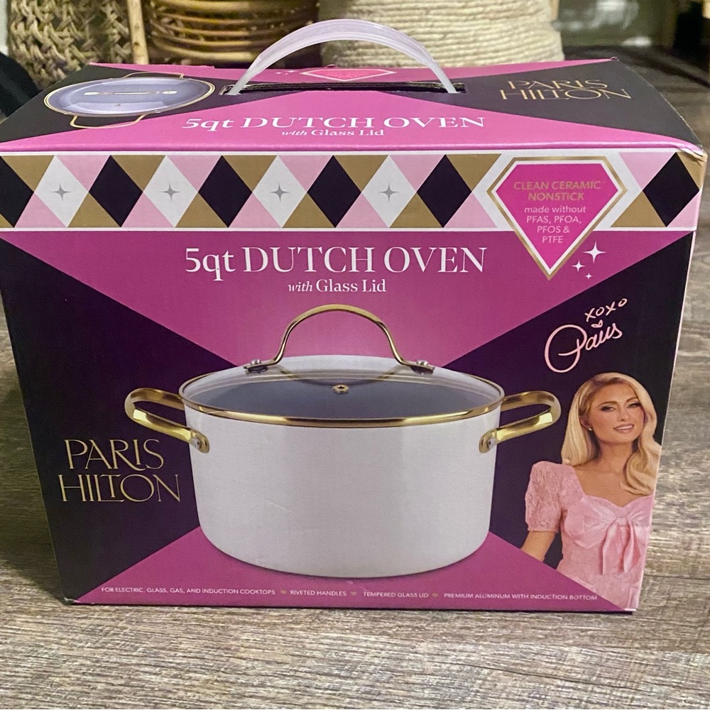 Paris Hilton Elegant White and Gold Cookware with Glass Lid